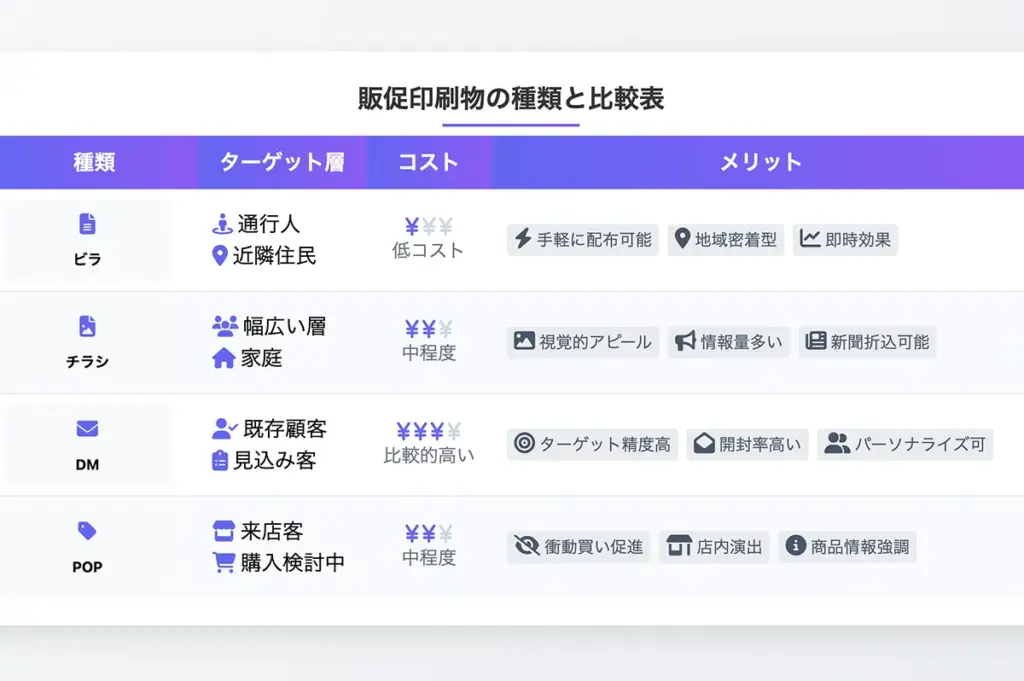 販促印刷物の種類と比較表